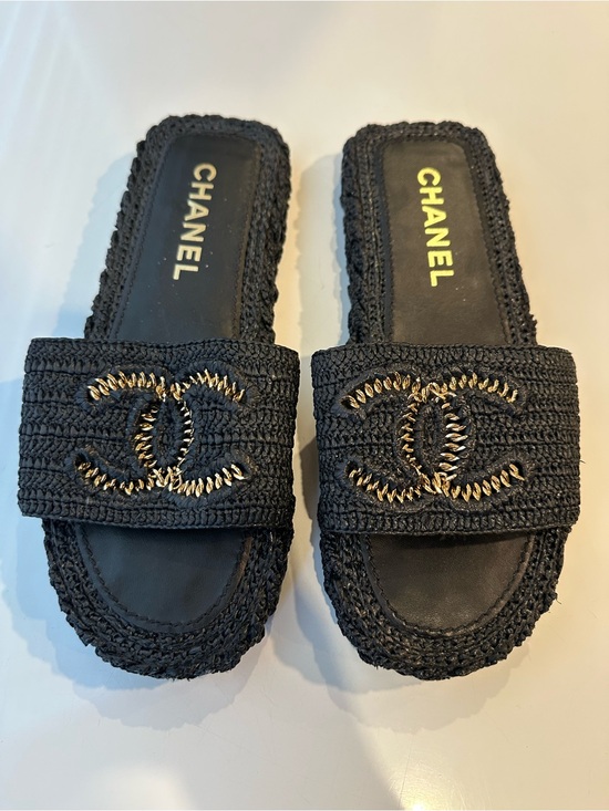 CHANEL Shoes - CHANEL Black Raffia Crochet Slide Mules with Gold CC Sandals Size 42. US 10